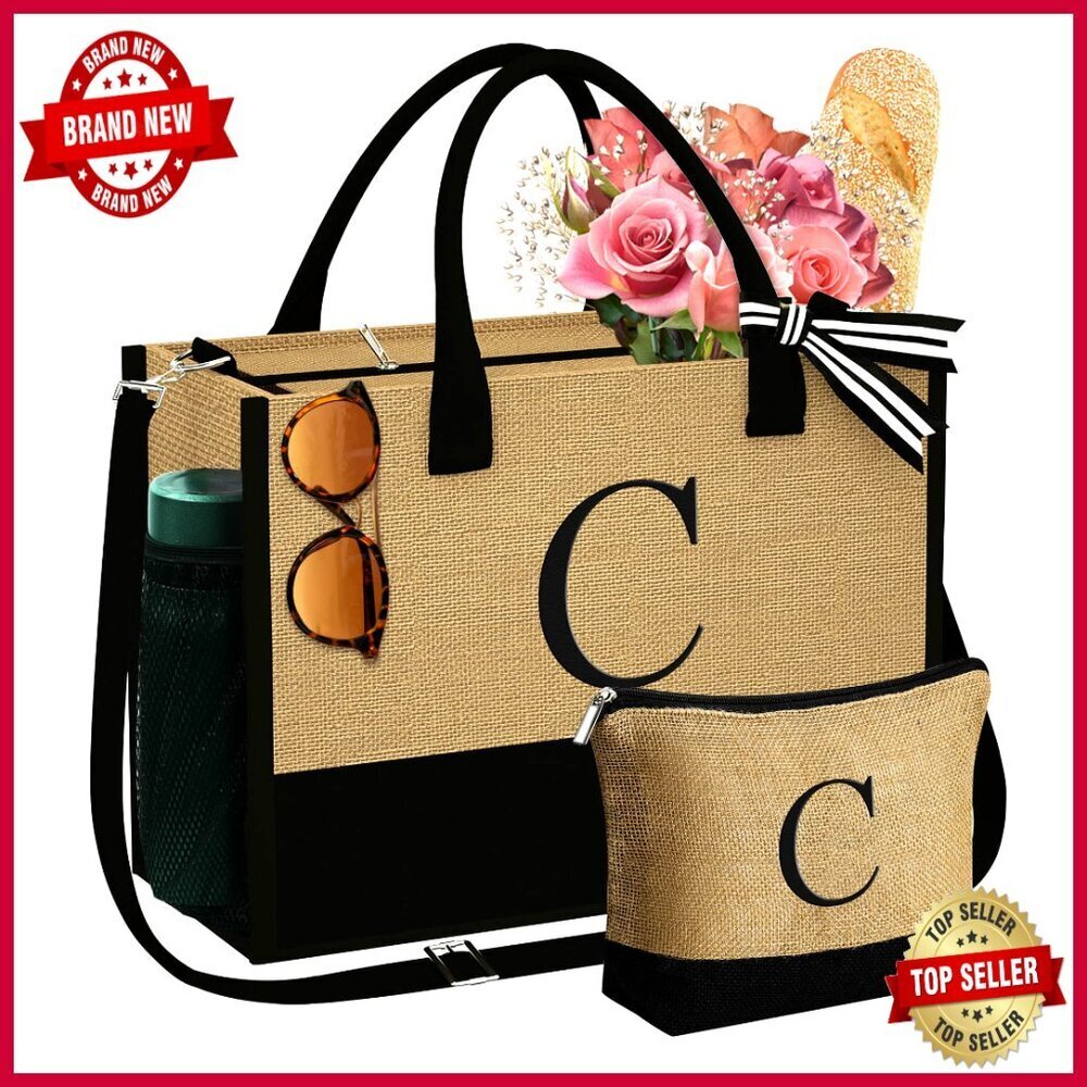 Large Personalized Jute Tote Bag with Makeup Pouch, Adjustable Strap